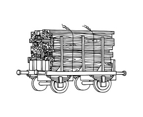 industrial freight railroad wagon with pack of wooden boards, logistic, railway cargo transportation, vector illustration with black lines isolated on a white background in a doodle & hand drawn style
