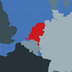 Shape of the Netherlands in context of neighbour countries. Country highlighted with red color on world map. Netherlands map template. Vector illustration.