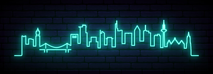 Blue neon skyline of Frankfurt. Bright Frankfurt City long banner. Vector illustration. - obrazy, fototapety, plakaty