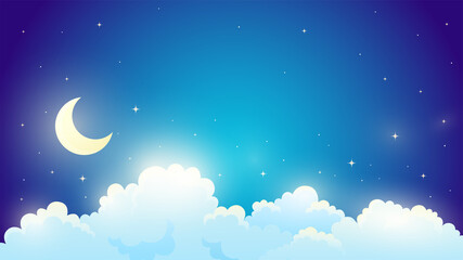 Naklejka na ściany i meble Night sky landscape. Moon, clouds and stars. Cartoon style