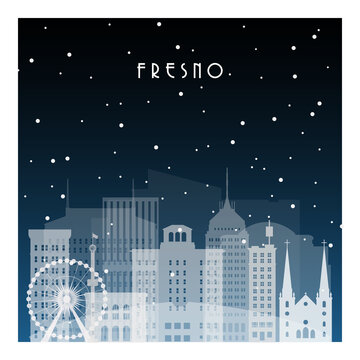 Winter Night In Fresno. Night City In Flat Style For Banner, Poster, Illustration, Background.