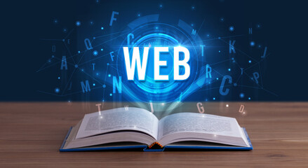 WEB inscription coming out from an open book, digital technology concept