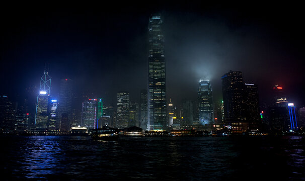 A Night Shot Of The Victoria Harbour In Hong Kong