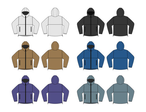 windproof hooded jacket ( parka) vector illustration set