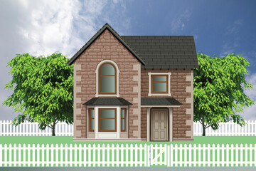 Detached residential house on a suburb street with white picket fence and gate set against a blue cloudy sky