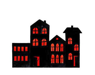 Fototapeta na wymiar Black silhouette of a house on a white background. Watercolor illustration for Halloween, template for Souvenirs, postcards, notebooks, magnets and design.
