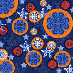 Pattern blue and orange  stars and circles on the ultramarine background