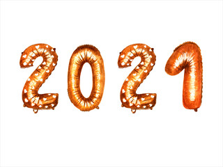 Happy New Year 2021. Numbers in the form of Golden balls. Horizontal template for products, ads, web banners, flyers, certificates, and postcards. Watercolor illustration.