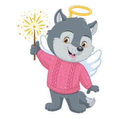 Wolf in Costume Angel with Firework. Cartoon vector illustration