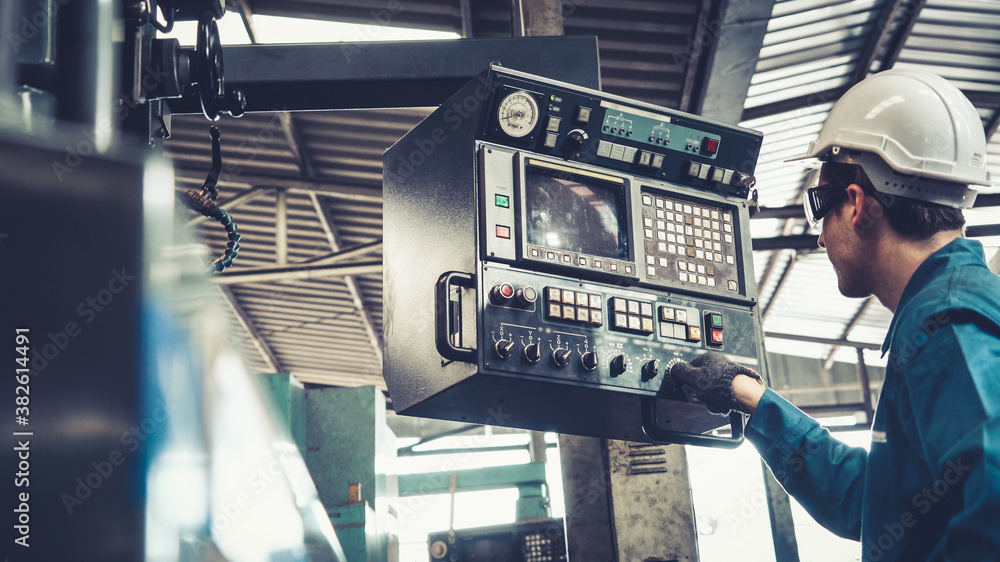 Poster smart factory worker using machine in factory workshop . industry and engineering concept.