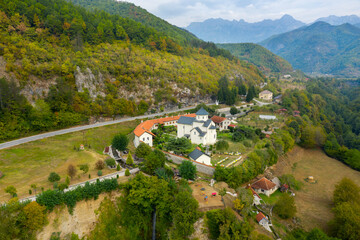 Moraca monastery. Montenegro. Orthodox monastery in the Moraca valley. View from above.