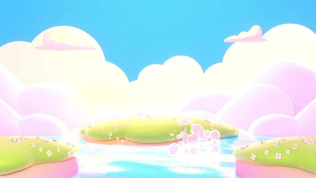 Looped cartoon dolphin jumping out of the water and birds flying in the blue sky animation.