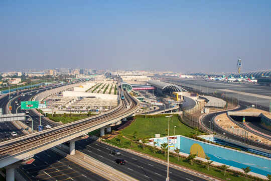 View of a Dubai international Airport, terminal 3. Terminal 3 metro station. Airport road. UAE.