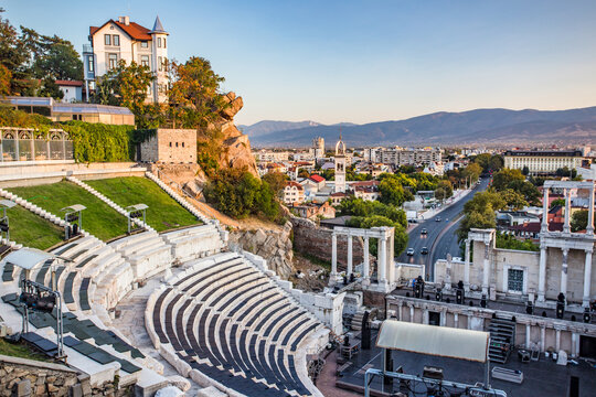 Roman theatre of Philippopolis in Plovdiv, Bulgaria.Panorama of the ancient Amphitheatre in Plovdiv