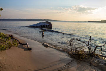 Shipwreck beached on the coast of Lake Superior in the Pictured Rocks National Lakeshore of...