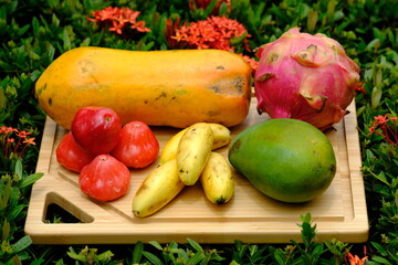 Indonesia Batam - Indonesian tropical fruits Papaya - Plum - Mango - Salak (Snake fruit) - Banana - Pitaya (Dragon fruit)