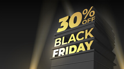 Illustration for sale BLACK FRIDAY with volumetric letters, building and spotlight. 30 thirty percent OFF. Vector template for flyer, discount, shop, business, cards, promo, advertising.
