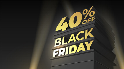 Illustration for sale and discount BLACK FRIDAY with volumetric letters, building and spotlight. 40 forty percent OFF. Vector template for flyer, shop, business, cards, promo, advertising.