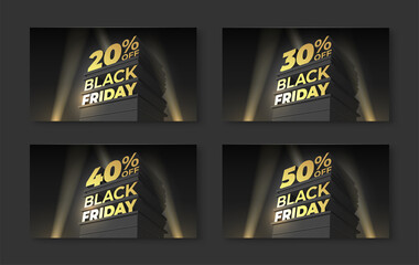 Set of Illustration for sale and discount BLACK FRIDAY with volumetric letters, building spotlight. Twenty, thirty, forty, fifty percent off. Vector template for banner, flyer, shop, cards, business