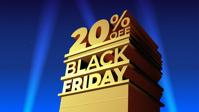 Vector illustration for BLACK FRIDAY discounts in 20th century fox style with volumetric letters, building and spotlights. Twenty percent OFF. Template for sale, flyer, shop, cards, promo, ad.