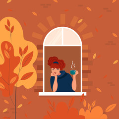 Young woman at home longing at window. Autumn landscape outside. Self isolation concept vector illustration. Stay home.