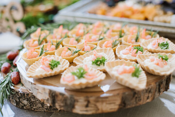 Tasty snacks kanapes on the buffet table
