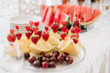 Different variety of fresh fruits on the buffet table at the celebration