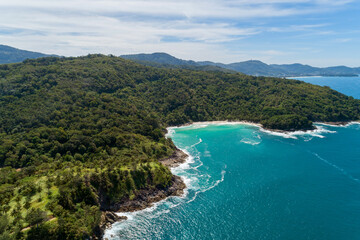 Landscape nature scenery view of Beautiful tropical sea with Sea coast view in summer season image by Aerial view drone shot, high angle view.