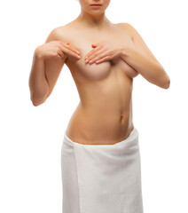 Woman examining breast isolated on white background
