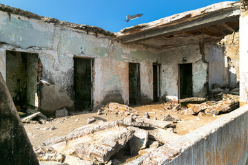 Jail destroyed by bombing on Fronton Island. Prison for terrorists and political prisoners during...