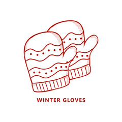 Gloves Christmas Fashion Symbol Illustration. Winter Gloves Logo Vintage Hand Drawn.  Clothes Gift Xmas Icon Vector