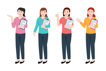 Fototapeta premium Set of woman standing and bring document with different character