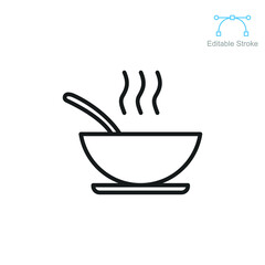 A bowl of soup icon. Steam food plate, hot meal dish with spoon inside for restaurant, cafe in mobile apps and website. Editable stroke vector illustration. Design on white background. EPS 10