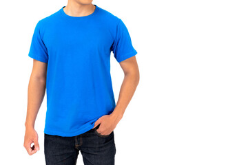 Young man in blue t-shirt isolated on white background