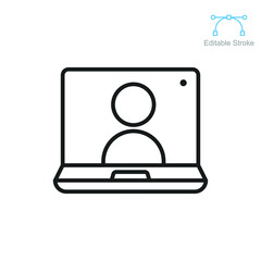 Webinar in laptop screen icon. Digital communication in business meeting  or online based learning. Virtual classroom with human avatar. Editable stroke vector illustration Design on white back EPS 10