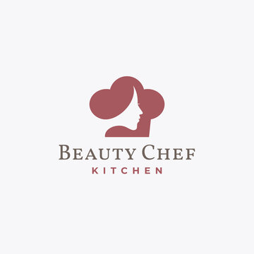 Women Beauty Face Chef Hat Vector. Cooking, Restaurant, Food Logo Design