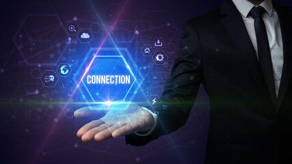 Man hand holding CONNECTION inscription, social media concept