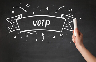Hand drawing VOIP abbreviation with white chalk on blackboard
