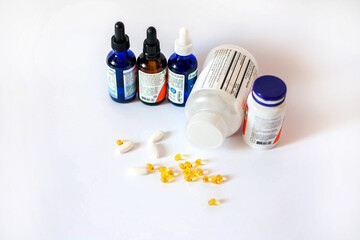 Medicine pills.
Tablets, blister capsules, glass vials of liquid medicines and plastic test tubes with caps.