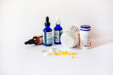 Medicine pills.
Tablets, blister capsules, glass vials of liquid medicines and plastic test tubes with caps.