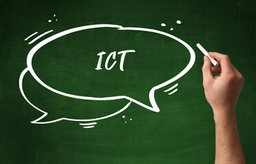 Hand drawing ICT abbreviation with white chalk on blackboard