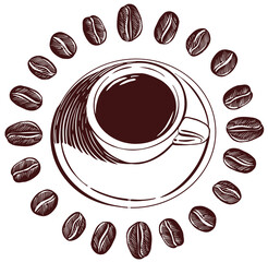 Round frame from coffee beans and Cup of espresso . Sketch style Vector illustration