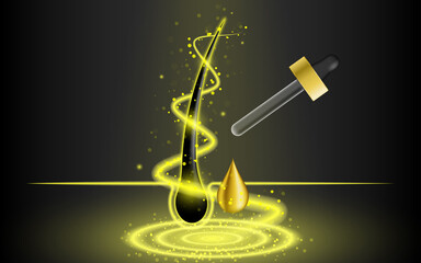Hair care beauty treatment gold liquid serum. Hair repair and growth product marketing advertise.