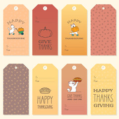 Collection of Thanksgiving day gift tags. Set of autumnal gift tags decorated with cute cats, pumpkins and hand written lettering phrases. Vector illustration 10 EPS.