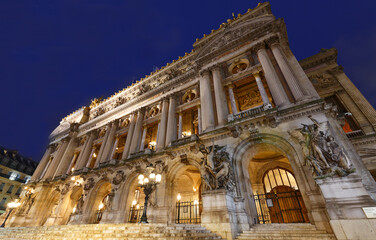 Night front view of the Opera National de Paris. France.