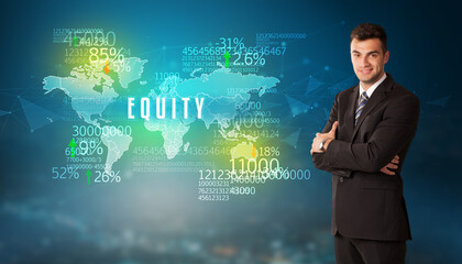 Businessman in front of a decision with EQUITY inscription, business concept