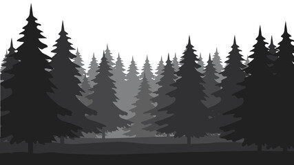 Fototapeta na wymiar Forest landscape with silhouettes of coniferous trees. Horizontal backgrounds of nature. Vector illustration 