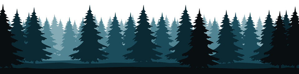 Forest landscape with silhouettes of coniferous trees. Horizontal backgrounds of nature. Vector illustration
