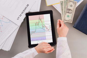 Trader woman working on project. Business woman using digital tablet pc with stock exchange statistics.