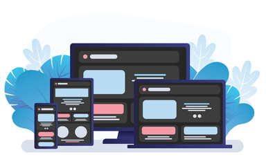 Adaptive programming icons set. Multi device development, Dark mode. Responsive web design, The website is open on computer, laptop, tablet and smartphone. Flat vector /Icon illustration. 